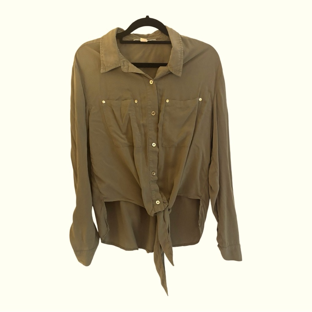 Michael kors sz sm olive long sleeve button down shirt with bottom knot tie